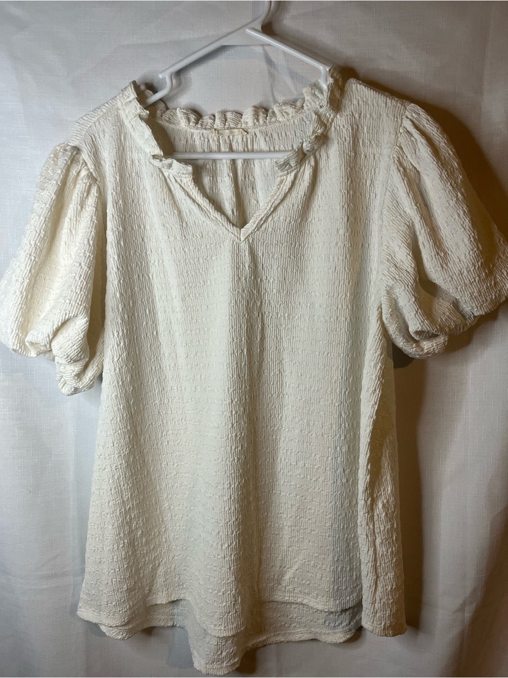 Cream Ruffled V-Neck Puff Sleeve Blouse